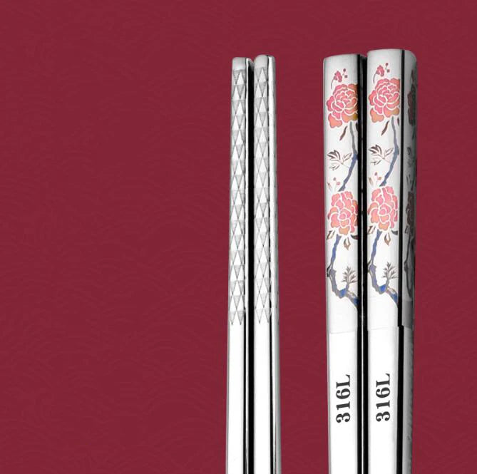 Traditional Chinese Style Color Printed Titanium-plated 316L Stainless Steel Chopsticks Non-Slip Anti-Mold Household Tableware
