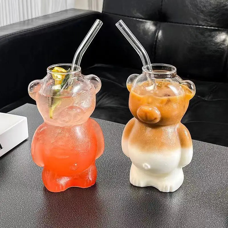 1/2pcs Cartoon Bear Shaped Glass Cup With Straw 300ml Transparent Juice Cocktail Glass Cup Restaurant Home Coffee Milk Cup