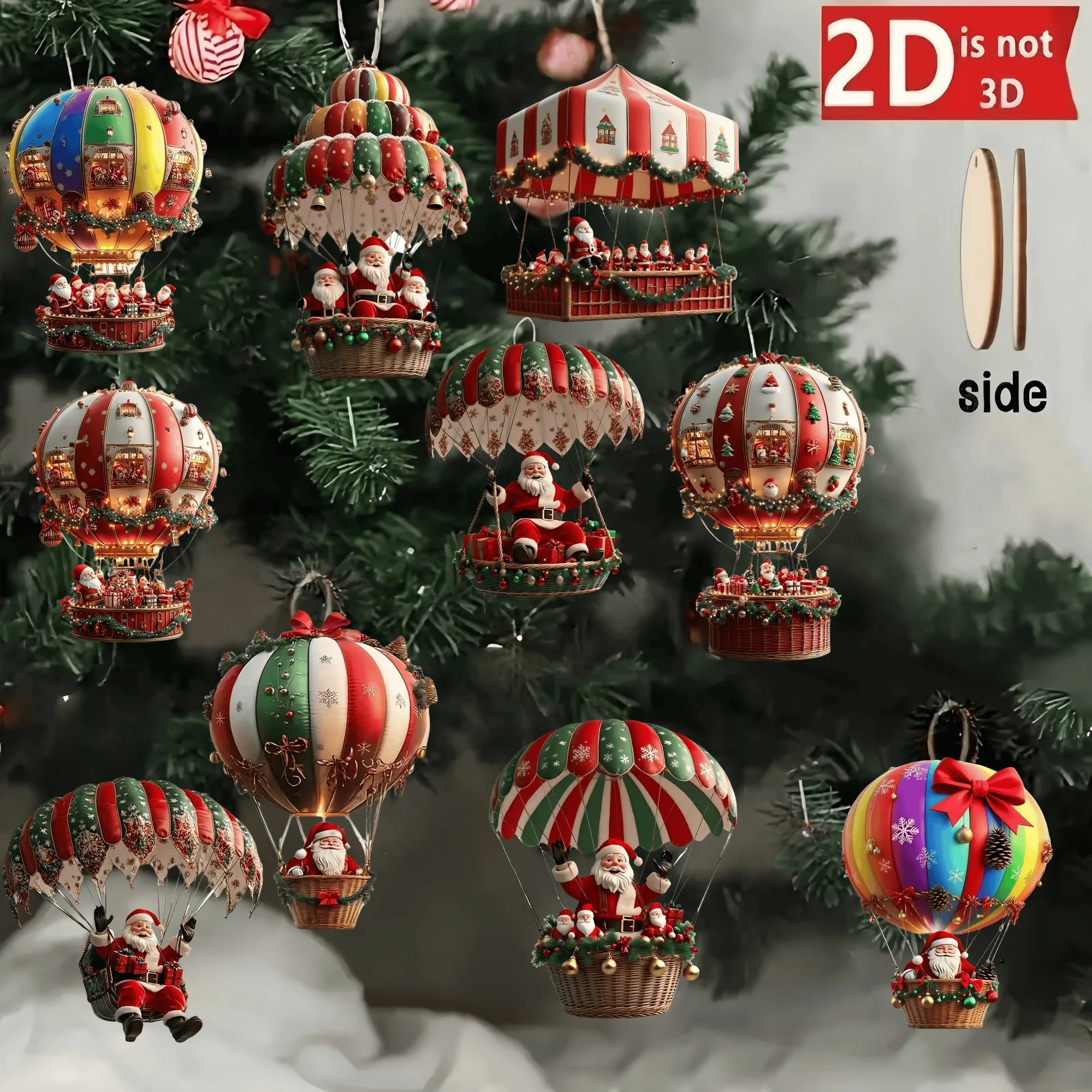 12Pcs Christmas Wooden Hot Air Balloon Santa Claus 2D Flat Wooden Pendant Christmas Tree Decoration Perfect Holiday Gift Decor