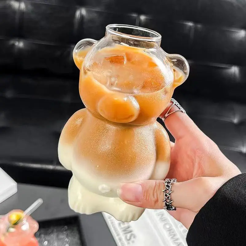 1/2pcs Cartoon Bear Shaped Glass Cup With Straw 300ml Transparent Juice Cocktail Glass Cup Restaurant Home Coffee Milk Cup