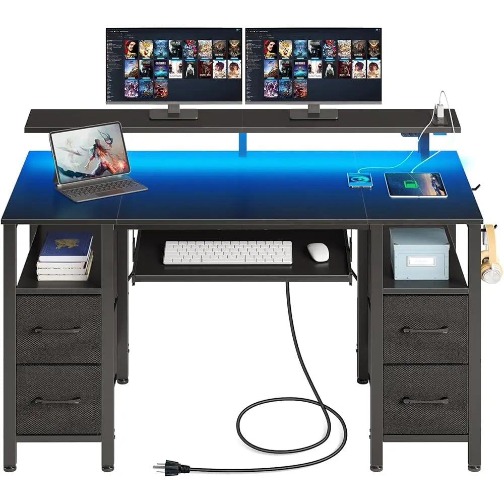 Computer Desk 47.2"" With Led Lights & Power Outlets, Home Office Desk With 4 Drawers, Writing Desk With Keyboard Tray, Study