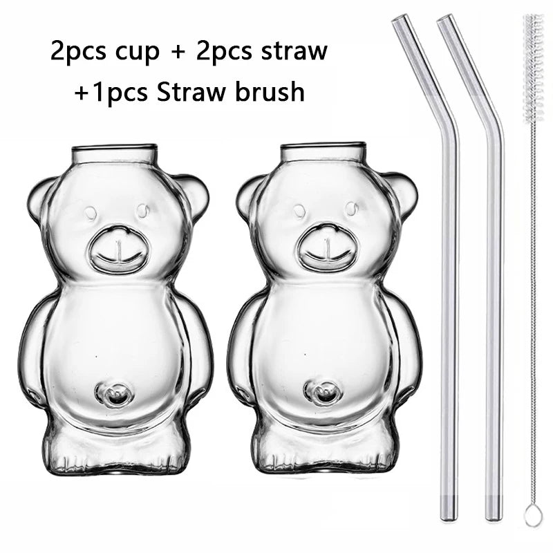 1/2pcs Cartoon Bear Shaped Glass Cup With Straw 300ml Transparent Juice Cocktail Glass Cup Restaurant Home Coffee Milk Cup