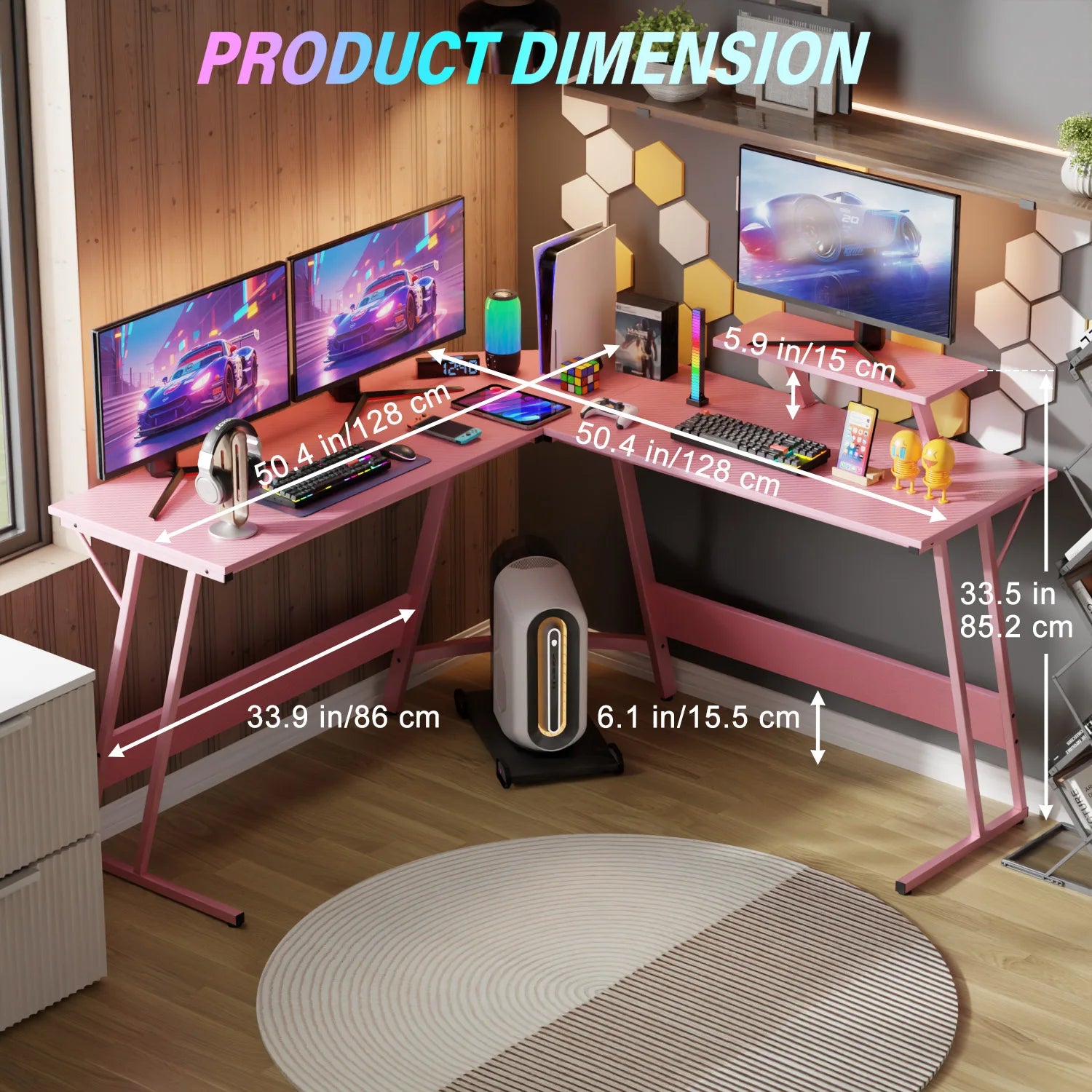 Gaming Desk L Shaped Corner Computer Desk, Home Office Desks Writing Workstation with Large Monitor Stand Easy to Assemble