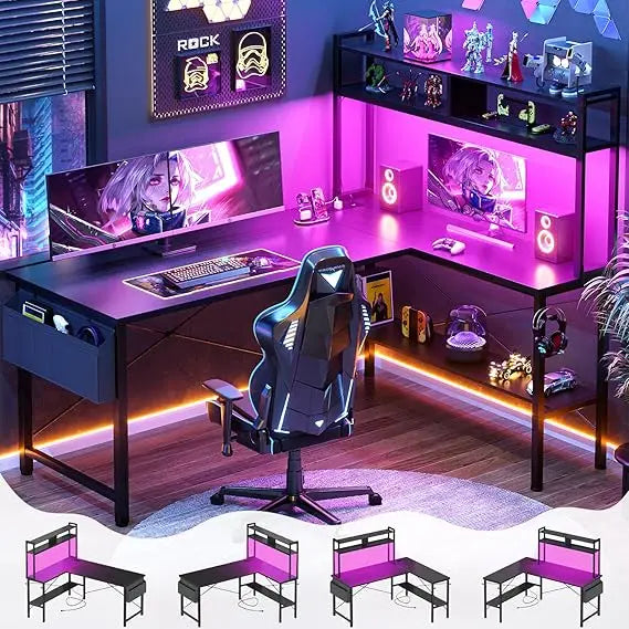 LED Lighted Power Outlet L-Shaped Gaming Desk, 59 Large Computer Desk for Home Office and Gamers with Reversible Design