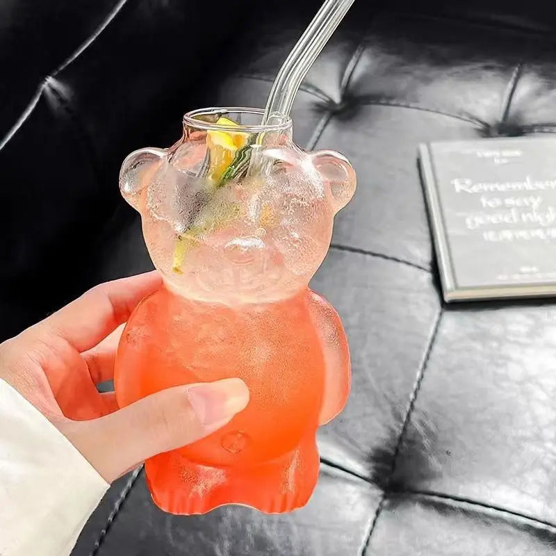 1/2pcs Cartoon Bear Shaped Glass Cup With Straw 300ml Transparent Juice Cocktail Glass Cup Restaurant Home Coffee Milk Cup