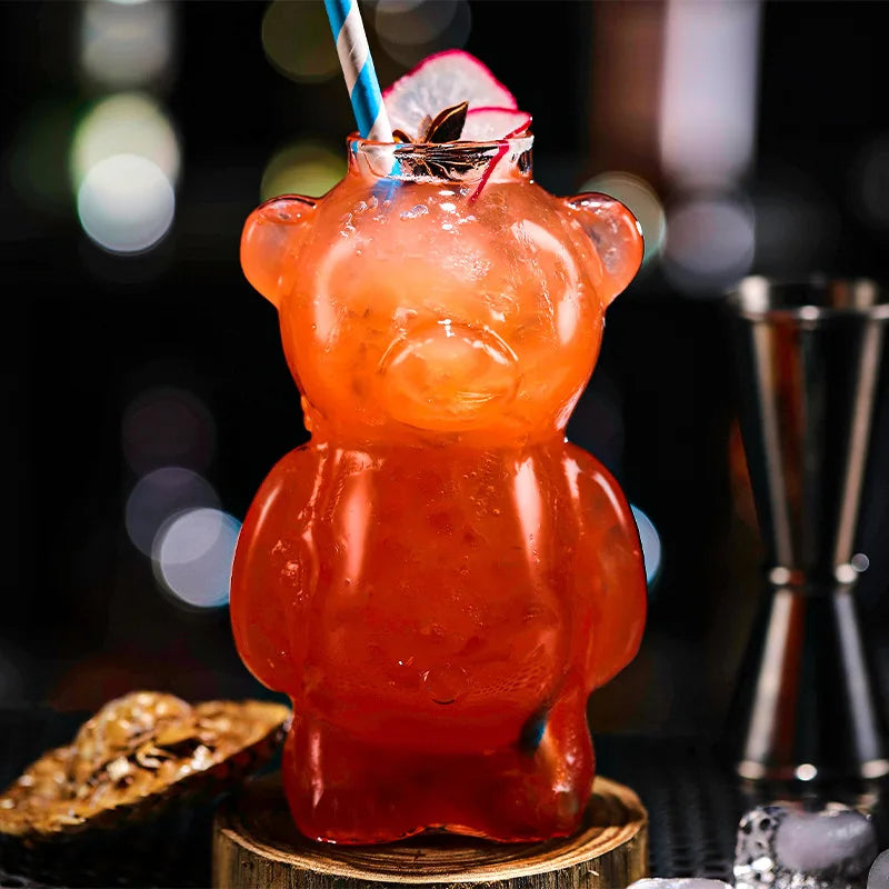 1/2pcs Cartoon Bear Shaped Glass Cup With Straw 300ml Transparent Juice Cocktail Glass Cup Restaurant Home Coffee Milk Cup