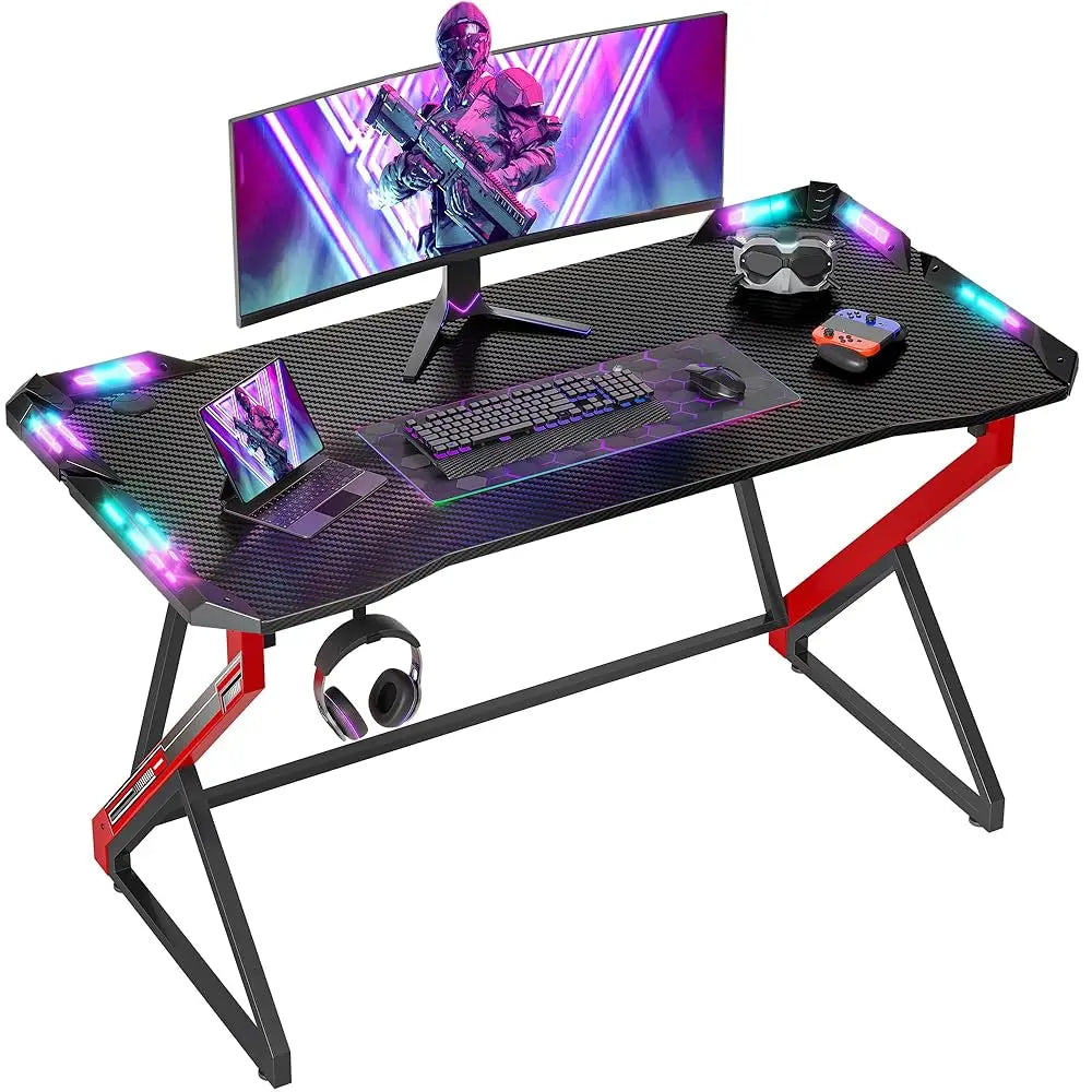 Gaming Desk With Led Lights, 40 H Computer Desk Z Shaped Gamer Workstation, Gaming Table With Carbon Fiber Surface, Pc Gamer