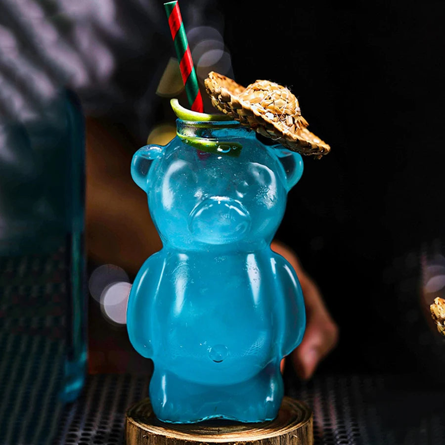 1/2pcs Cartoon Bear Shaped Glass Cup With Straw 300ml Transparent Juice Cocktail Glass Cup Restaurant Home Coffee Milk Cup