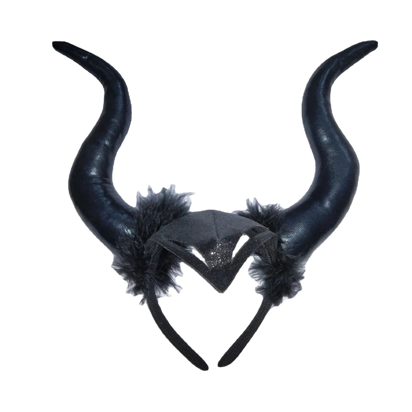 1PC Bull Horns Headband with Fur, Black, Halloween Party Cosplay Prop, Stylish Costume Decoration