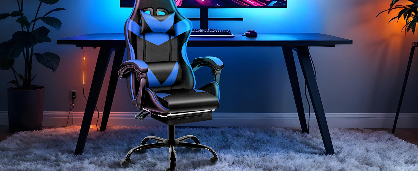 Racing Style Gaming Chair | Black & Blue Dual-Tone, Ergonomic Lumbar Support & Retractable Footrest | 360° Swivel, Full Recline,