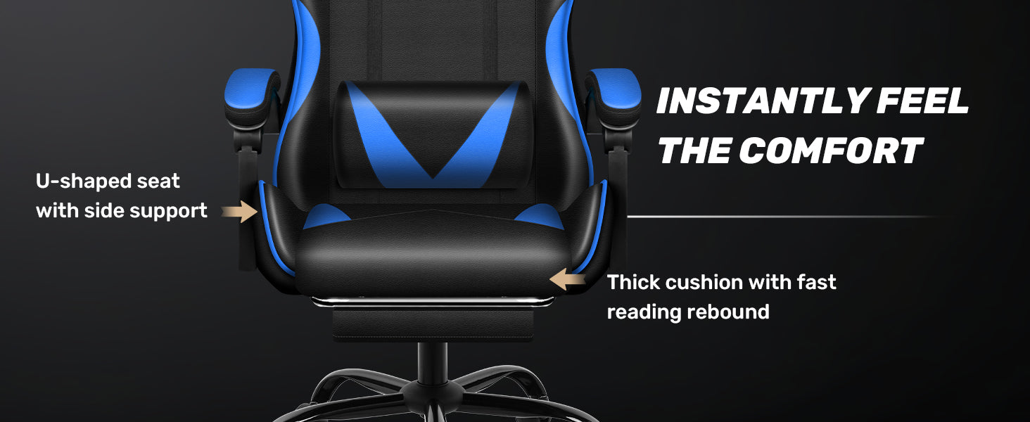 Racing Style Gaming Chair | Black & Blue Dual-Tone, Ergonomic Lumbar Support & Retractable Footrest | 360° Swivel, Full Recline,