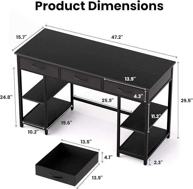 47-Inch Computer Desk With 3 Drawers, Small Home Office Desk With Storage Shelves And Sturdy Metal Frame, Black