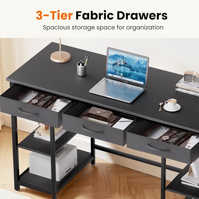 47-Inch Computer Desk With 3 Drawers, Small Home Office Desk With Storage Shelves And Sturdy Metal Frame, Black