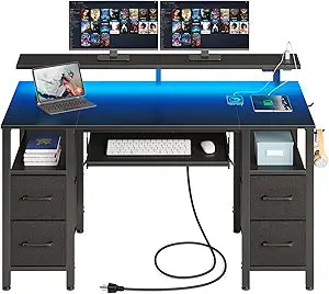Computer Desk 47.2"" With Led Lights & Power Outlets, Home Office Desk With 4 Drawers, Writing Desk With Keyboard Tray, Study
