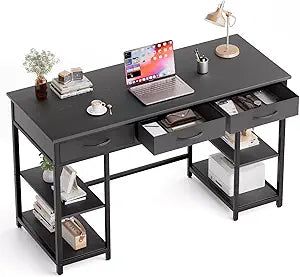 47-Inch Computer Desk With 3 Drawers, Small Home Office Desk With Storage Shelves And Sturdy Metal Frame, Black