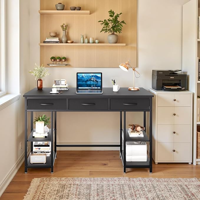 47-Inch Computer Desk With 3 Drawers, Small Home Office Desk With Storage Shelves And Sturdy Metal Frame, Black