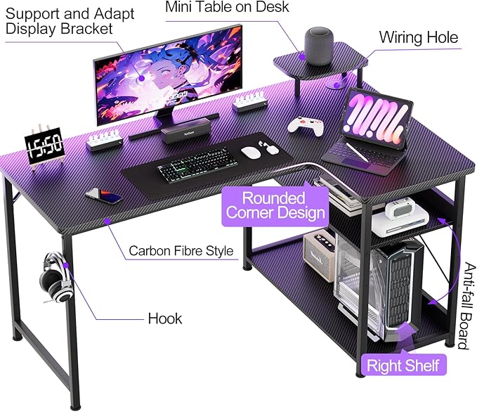 Gaming Desk L Shaped Desk Carbon Fiber Style Computer Desk Compatible With Monitor Arm Storage Shelves Corner Gaming Desk For