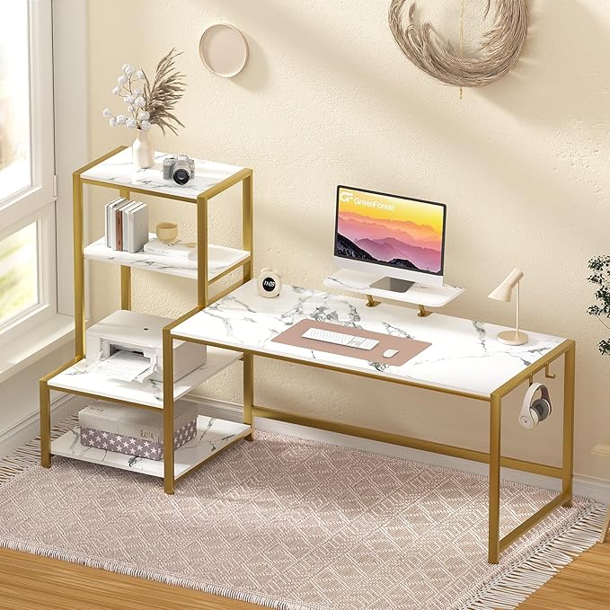 Computer Desk 67 H With Printer Shelf, Reversible Office Desk With Monitor Stand And 2 Hooks, Home Desk Workstation For Study