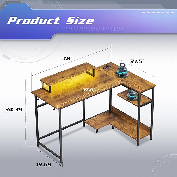 Gaming L Shaped Desk With Power Outlets & Led Lights, 47Inch Computer Desk With Monitor Stand & Hook, Corner Home Office