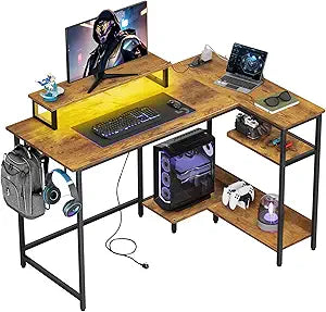 Gaming L Shaped Desk With Power Outlets & Led Lights, 47Inch Computer Desk With Monitor Stand & Hook, Corner Home Office