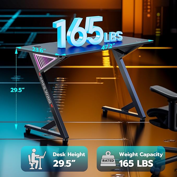 47 H Gaming Desk, Ergonomic Computer Desk With Led Light And Diy Control Cable, Gaming Table Carbon Fiber Surface For Home And