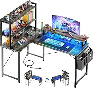 L Shaped Computer Desk With Bookshelf, 47 H Reversible Corner Gaming Desk With Charging Station & Led Light, Home Office Desk