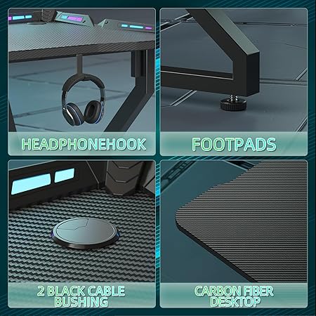 Gaming Desk With Led Lights, 40 H Computer Desk Z Shaped Gamer Workstation, Gaming Table With Carbon Fiber Surface, Pc Gamer