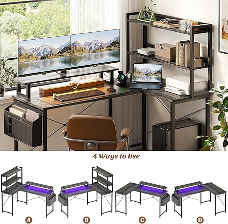 L Shaped Computer Desk With Bookshelf, 47 H Reversible Corner Gaming Desk With Charging Station & Led Light, Home Office Desk