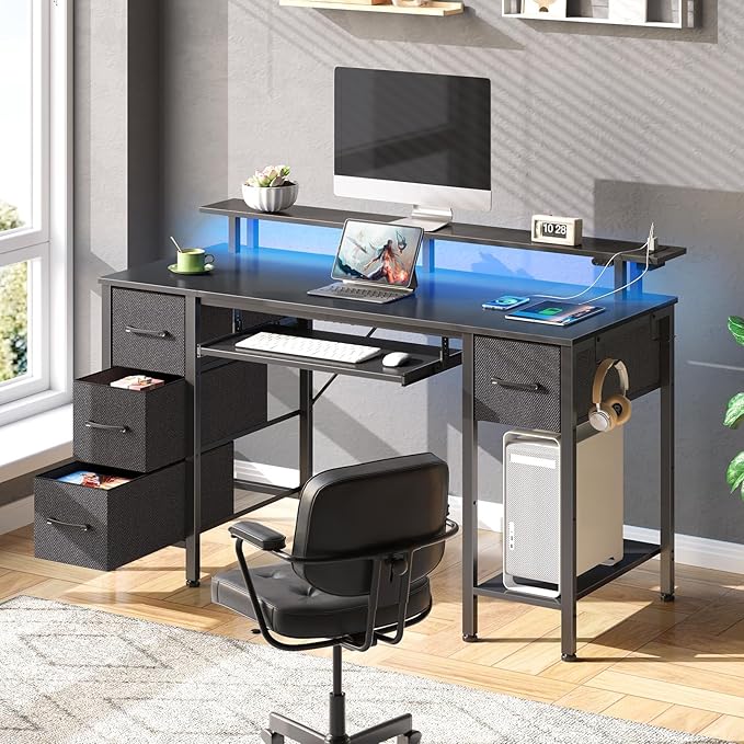 Computer Desk 47.2"" With Led Lights & Power Outlets, Home Office Desk With 4 Drawers, Writing Desk With Keyboard Tray, Study