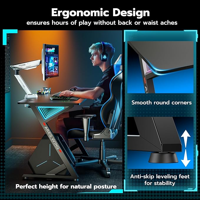 47 H Gaming Desk, Ergonomic Computer Desk With Led Light And Diy Control Cable, Gaming Table Carbon Fiber Surface For Home And