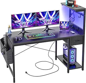 Gaming Desk 47 H With Power Outlet And Led Light, Computer Desk With Reversible Shelves And Storage Drawer, Small Pc Desk For