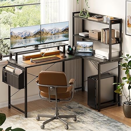 L Shaped Computer Desk With Bookshelf, 47 H Reversible Corner Gaming Desk With Charging Station & Led Light, Home Office Desk