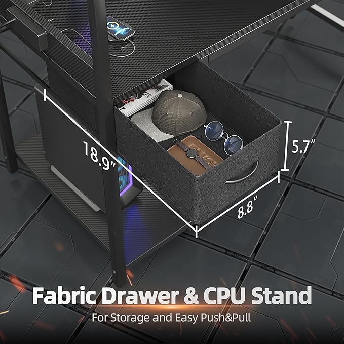Gaming Desk 47 H With Power Outlet And Led Light, Computer Desk With Reversible Shelves And Storage Drawer, Small Pc Desk For