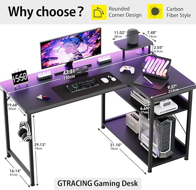 Gaming Desk L Shaped Desk Carbon Fiber Style Computer Desk Compatible With Monitor Arm Storage Shelves Corner Gaming Desk For