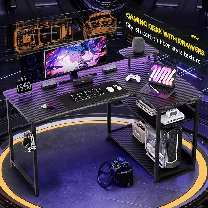 Gaming Desk L Shaped Desk Carbon Fiber Style Computer Desk Compatible With Monitor Arm Storage Shelves Corner Gaming Desk For