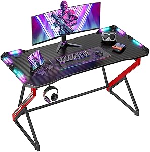 Gaming Desk With Led Lights, 40 H Computer Desk Z Shaped Gamer Workstation, Gaming Table With Carbon Fiber Surface, Pc Gamer
