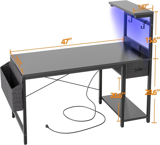 Gaming Desk 47 H With Power Outlet And Led Light, Computer Desk With Reversible Shelves And Storage Drawer, Small Pc Desk For