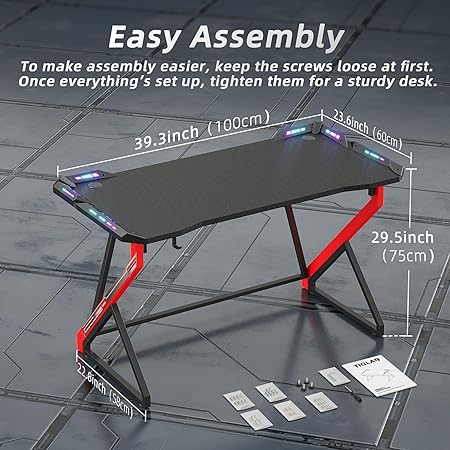 Gaming Desk With Led Lights, 40 H Computer Desk Z Shaped Gamer Workstation, Gaming Table With Carbon Fiber Surface, Pc Gamer