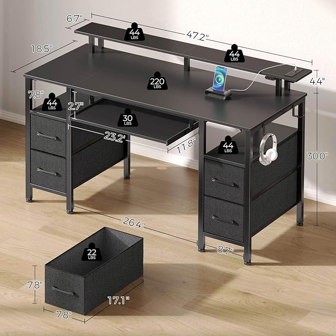 Computer Desk 47.2"" With Led Lights & Power Outlets, Home Office Desk With 4 Drawers, Writing Desk With Keyboard Tray, Study