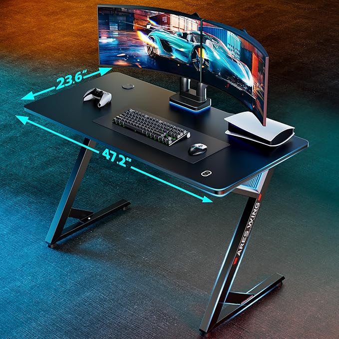 47 H Gaming Desk, Ergonomic Computer Desk With Led Light And Diy Control Cable, Gaming Table Carbon Fiber Surface For Home And