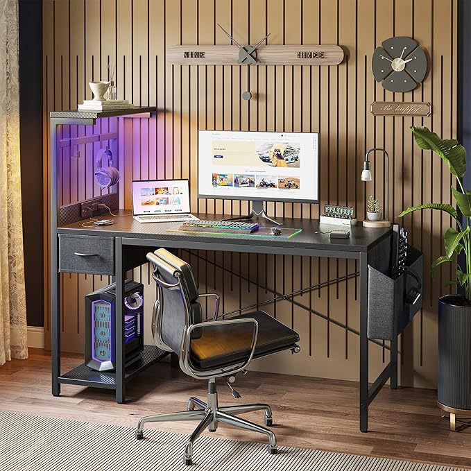 Gaming Desk 47 H With Power Outlet And Led Light, Computer Desk With Reversible Shelves And Storage Drawer, Small Pc Desk For