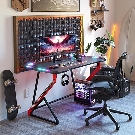Gaming Desk With Led Lights, 40 H Computer Desk Z Shaped Gamer Workstation, Gaming Table With Carbon Fiber Surface, Pc Gamer