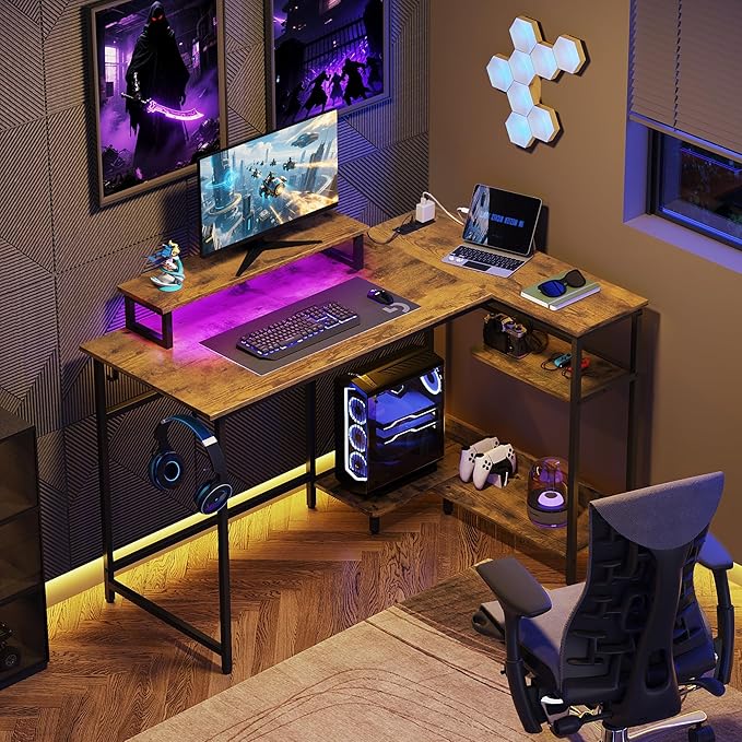 Gaming L Shaped Desk With Power Outlets & Led Lights, 47Inch Computer Desk With Monitor Stand & Hook, Corner Home Office