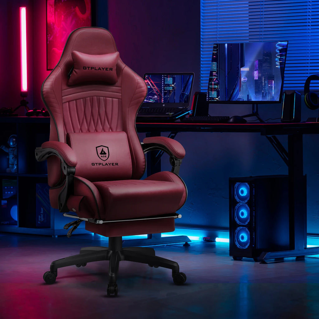 GTPLAYER Gaming Chair Adjustable Ergonomic Faux Leather Swiveling PC & Racing Game Chair with Built-in Speakers,Footrest