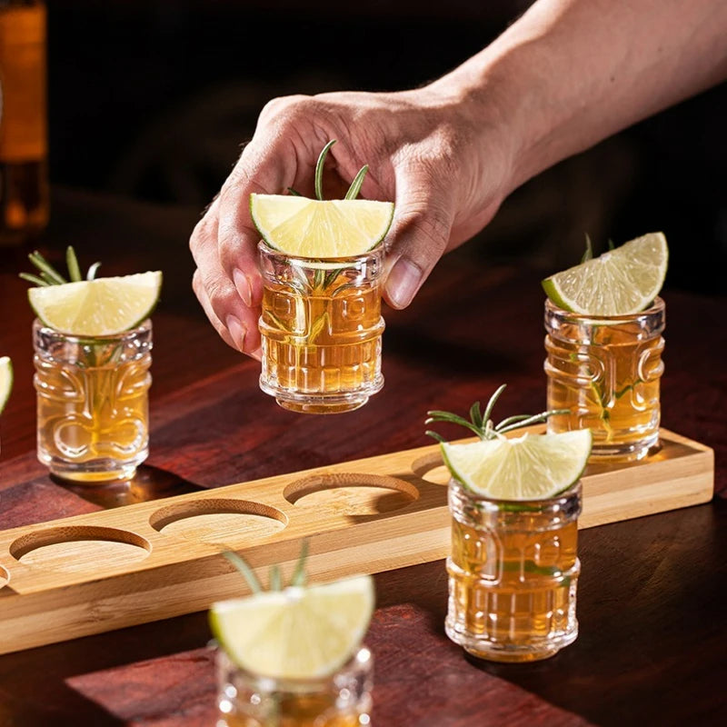 Creative Mini Tiki Glass Cup Shot Glasses Stacking Cups Cocktail Glass Tiki Cup Set With 6 Holes Tray Tiki Bar Accessories