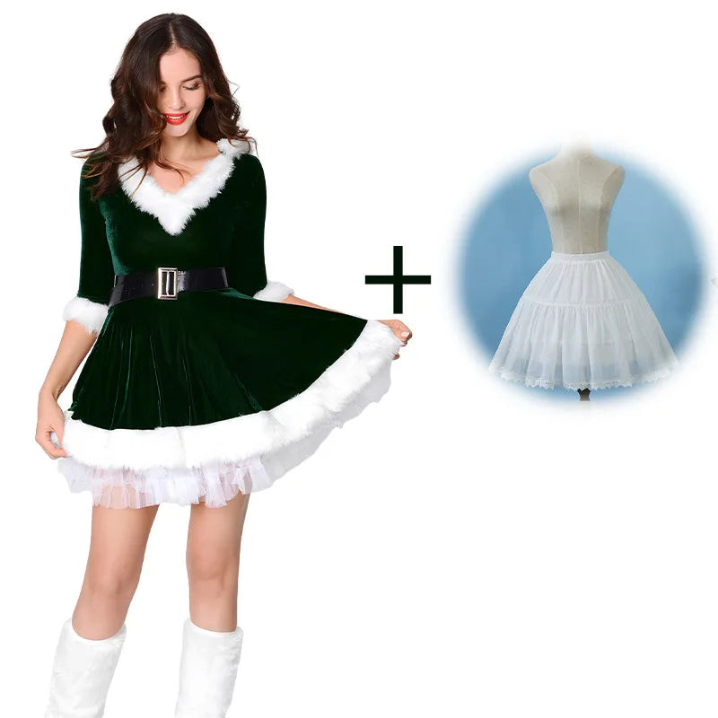 New Fashion Women Half Sleeve Solid Popular Ladies Santa Claus Xmas Theme Costume Cosplay Outfit Waistbelt Fancy Christmas Dress