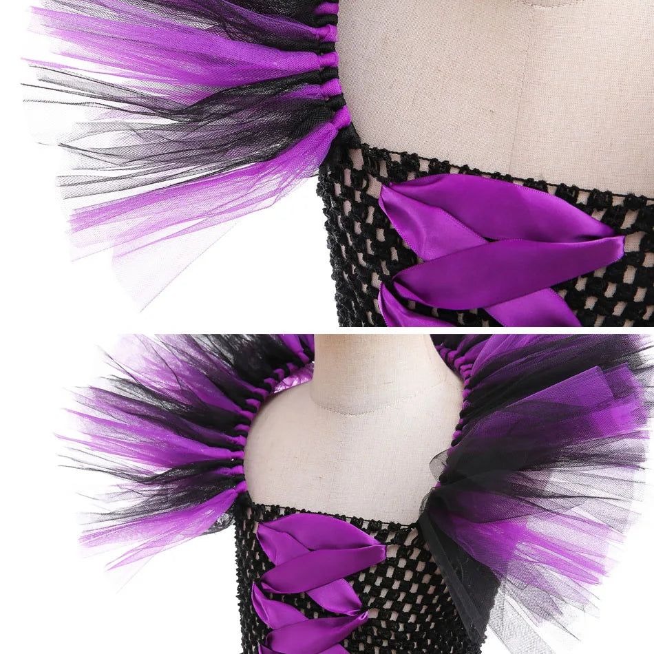 Maleficent Neck Dress Girls Halloween Theme Cosplay Costume Handmade Woven Tulle Dress Evil Role Playing Outfits Luxury Gown