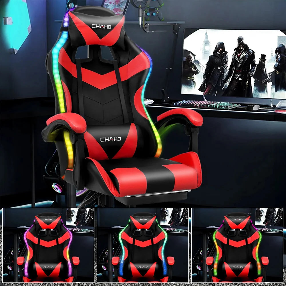 Ergonomic Gaming Chair, Gaming Chair with Speaker & LED Lights, Computer Racing Chair for Adults, PU Leather Office Chair, Red