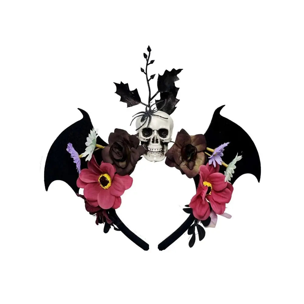 Dark Skull Head Headband Halloween Decor Bat Halloween Skull Headband Simulation Flowers Gothic Day of The Dead Headband Party