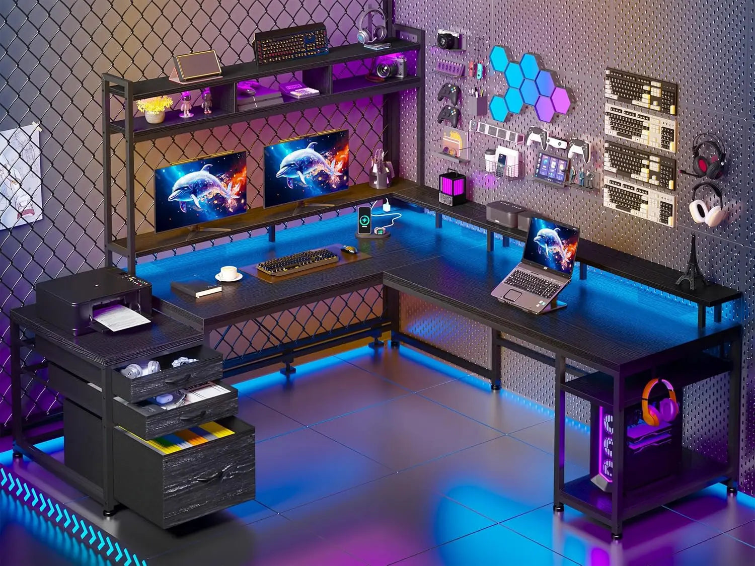 Large L Shaped Gaming Desk with Hutch and Drawers,64" W L Shaped Desk with Storage Shelves,Monitor Stand and LED Light for Home